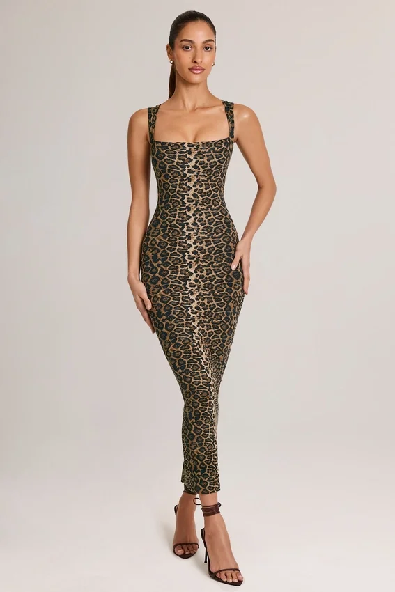 Vestito midi aderente con scollo quadrato in modal Ainslee con stampa leopardata Vestito midi aderente con scollo quadrato in modal Ainslee con stampa leopardata
