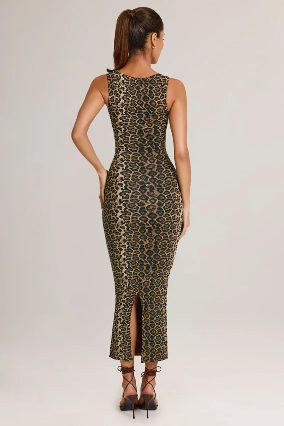 Vestito midi aderente con scollo quadrato in modal Ainslee con stampa leopardata Vestito midi aderente con scollo quadrato in modal Ainslee con stampa leopardata