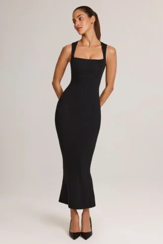 Vestito midi aderente con scollo quadrato in modal Ainslee, nero