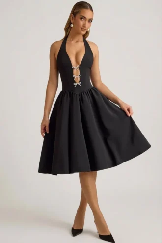Vestito midi Angelina con scollo all’americana e fiocco in nero