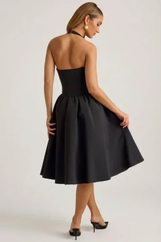 Vestito midi Angelina con scollo all’americana e fiocco in nero