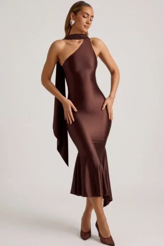 Vestito midi asimmetrico con dettaglio a sciarpa Shaya in marrone cioccolato