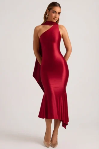 Vestito midi asimmetrico con dettaglio a sciarpa Shaya in rosso vero
