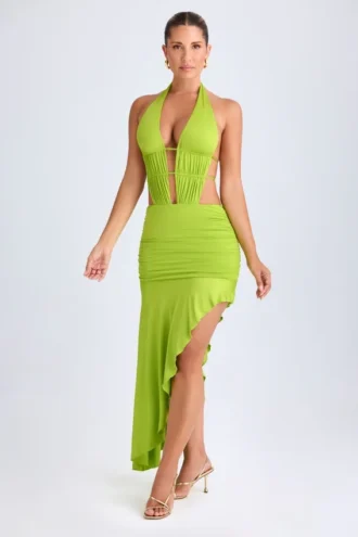 Vestito midi asimmetrico con scollo all’americana e cut-out Manami in verde lime