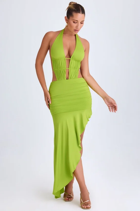 Vestito midi asimmetrico con scollo all’americana e cut-out Manami in verde lime Vestito midi asimmetrico con scollo all’americana e cut-out Manami in verde lime