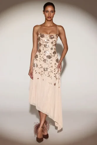 Vestito midi asimmetrico Zelina con scollo rotondo morbido e decorazioni in oro