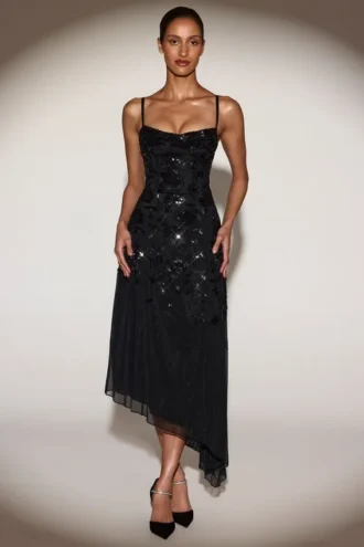 Vestito midi asimmetrico Zelina con scollo rotondo morbido e decorazioni, nero