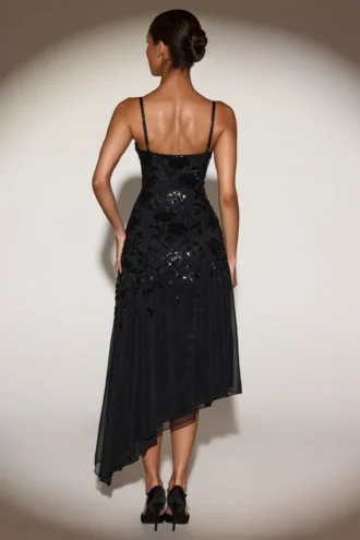 Vestito midi asimmetrico Zelina con scollo rotondo morbido e decorazioni, nero