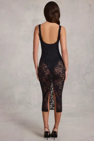 Vestito midi Caia in pizzo trasparente con scollo a V e bordi smerlati, nero