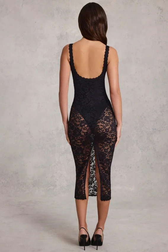 Vestito midi Caia in pizzo trasparente con scollo a V e bordi smerlati, nero Vestito midi Caia in pizzo trasparente con scollo a V e bordi smerlati, nero