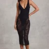 Vestito midi Caia in pizzo trasparente con scollo a V e bordi smerlati, nero Vestito midi Caia in pizzo trasparente con scollo a V e bordi smerlati, nero