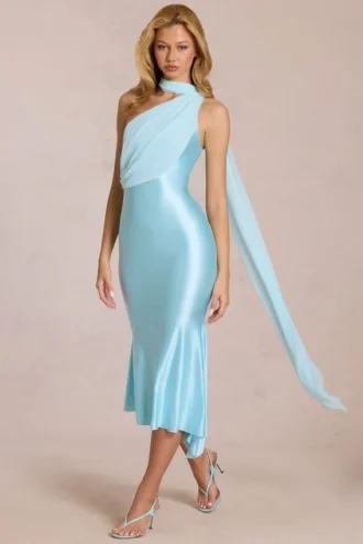Vestito midi con dettagli a sciarpa Giada in acquamarina tenue