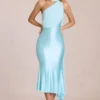 Vestito midi con dettagli a sciarpa Giada in acquamarina tenue Vestito midi con dettagli a sciarpa Giada in acquamarina tenue