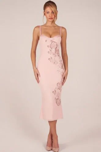 Vestito midi con orlo svasato e dettagli decorativi Cherelle in rosa