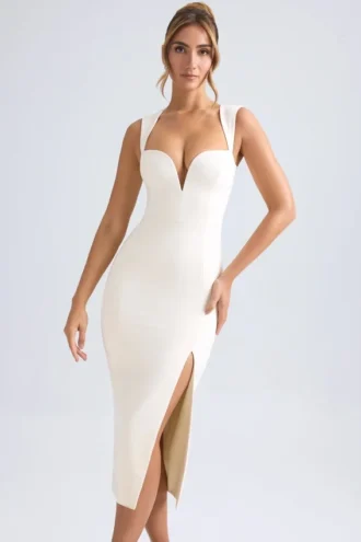 Vestito midi con scollo a cuore Aiko in avorio