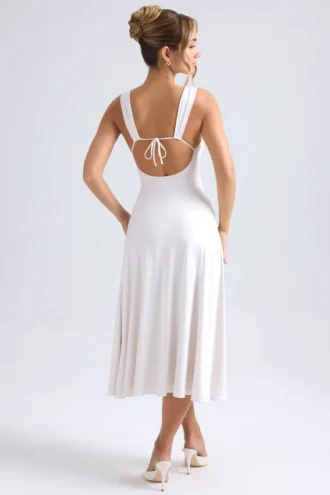 Vestito midi con scollo a cuore e ruches Thandie in avorio