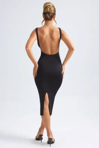 Vestito midi con scollo a V e ruches sul retro in nero
