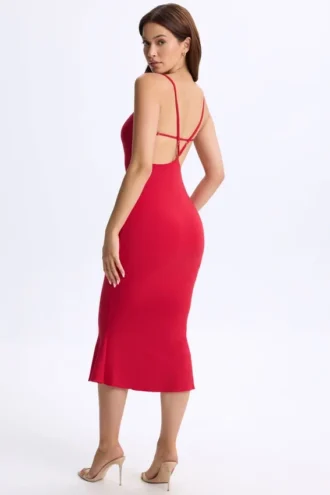 Vestito midi con scollo a V e schiena scoperta in TENCEL™ Modal, colore rosso ciliegia