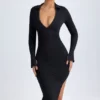 Vestito midi con scollo a V Yael in modal nero Vestito midi con scollo a V Yael in modal nero