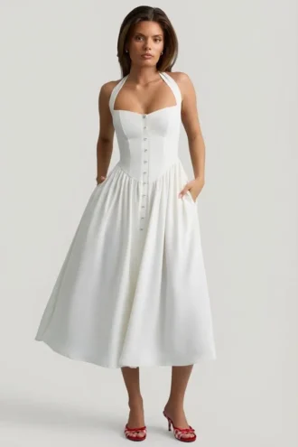 Vestito midi con scollo all’americana e bottoni Orlena in bianco