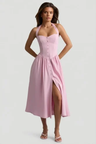 Vestito midi con scollo all’americana e bottoni Orlena in rosa tenue