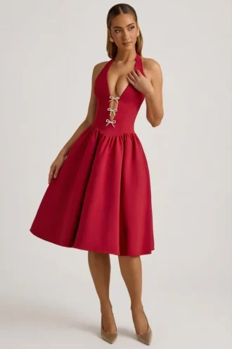 Vestito midi con scollo all’americana e fiocco Angelina in rosso vero