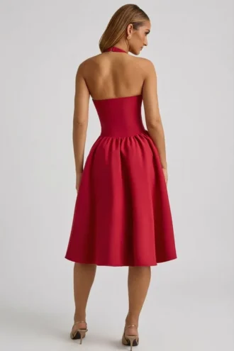 Vestito midi con scollo all’americana e fiocco Angelina in rosso vero