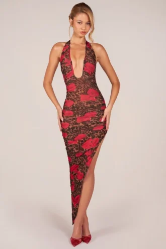 Vestito midi con scollo all’americana e orlo asimmetrico Storie con stampa leopardata rosa