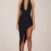 Vestito midi con scollo all’americana e spacco Storie in nero Vestito midi con scollo all’americana e spacco Storie in nero