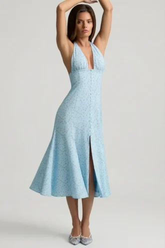 Vestito midi con scollo all’americana Elonia con stampa floreale blu Vestito midi con scollo all’americana Elonia con stampa floreale blu