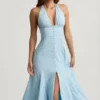 Vestito midi con scollo all’americana Elonia con stampa floreale blu Vestito midi con scollo all’americana Elonia con stampa floreale blu