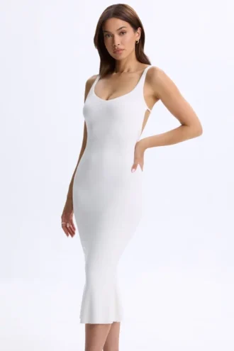 Vestito midi con scollo profondo e schiena scoperta in Modal Lois, bianco