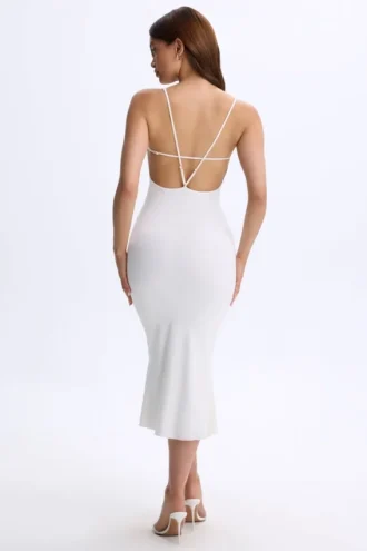 Vestito midi con scollo profondo e schiena scoperta in Modal Lois, bianco