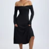 Vestito midi con spalle scoperte e ruches in modal Noelle, nero Vestito midi con spalle scoperte e ruches in modal Noelle, nero