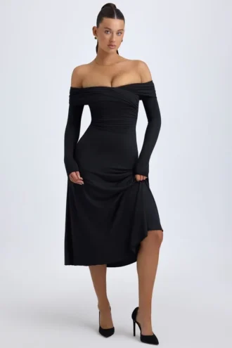 Vestito midi con spalle scoperte e ruches in modal Noelle, nero