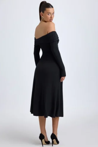 Vestito midi con spalle scoperte e ruches in modal Noelle, nero