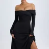 Vestito midi con spalle scoperte e ruches in modal Noelle, nero Vestito midi con spalle scoperte e ruches in modal Noelle, nero