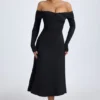 Vestito midi con spalle scoperte e ruches in modal Noelle, nero Vestito midi con spalle scoperte e ruches in modal Noelle, nero