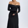Vestito midi con spalle scoperte e ruches in modal Noelle, nero Vestito midi con spalle scoperte e ruches in modal Noelle, nero