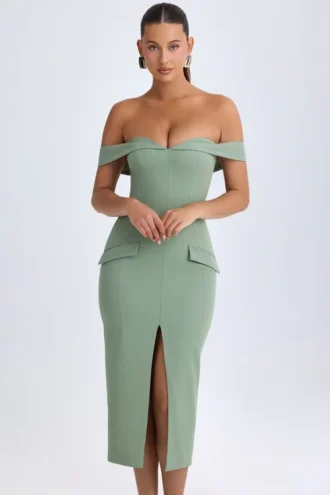 Vestito midi con spalle scoperte Rasine in verde kaki