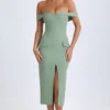 Vestito midi con spalle scoperte Rasine in verde kaki Vestito midi con spalle scoperte Rasine in verde kaki