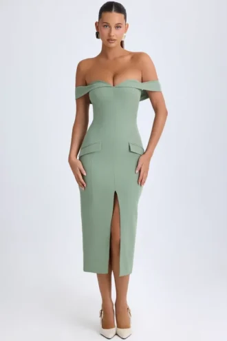 Vestito midi con spalle scoperte Rasine in verde kaki