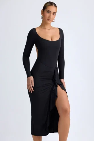 Vestito midi con volant in TENCEL™ Modal Tarai, nero