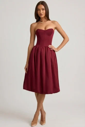 Vestito midi convertibile con orlo a palloncino e fiocco Gloriana in rosso vino