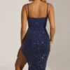 Vestito midi drappeggiato con corsetto decorato Eliora in blu notte Vestito midi drappeggiato con corsetto decorato Eliora in blu notte