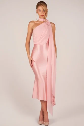 Vestito midi Giada con dettaglio a sciarpa in rosa cipria