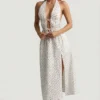 Vestito midi in popeline di cotone con schiena scoperta Aeris con stampa di rose Vestito midi in popeline di cotone con schiena scoperta Aeris con stampa di rose