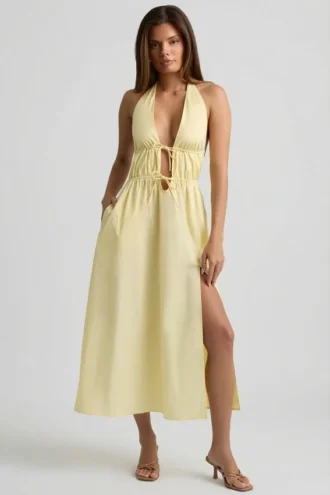 Vestito midi in popeline di cotone con schiena scoperta Aeris in giallo limone