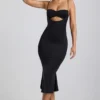 Vestito midi Julane in jersey elasticizzato con ruches e cut-out, colore nero Vestito midi Julane in jersey elasticizzato con ruches e cut-out, colore nero