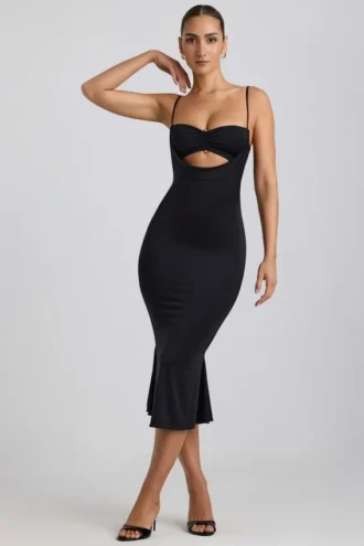 Vestito midi Julane in jersey elasticizzato con ruches e cut-out, colore nero